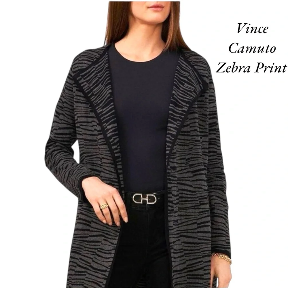 🛍️ 2/$25 EUC Vince Camuto Zebra Open Front Long Black Striped Cardigan Womens XL